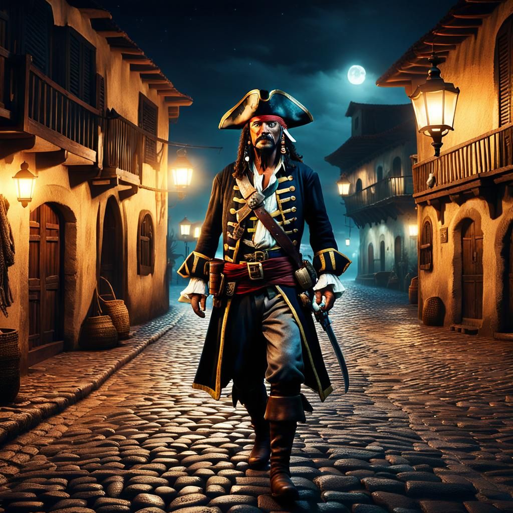 Pirate Captain on Tortuga Street at Night