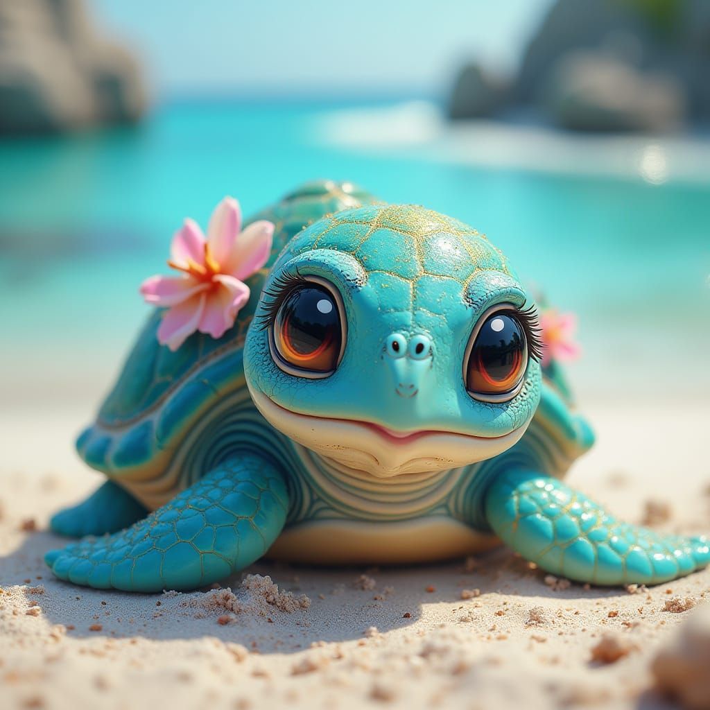 Dreamlike Baby Sea Turtle in Whimsical Beach Scene