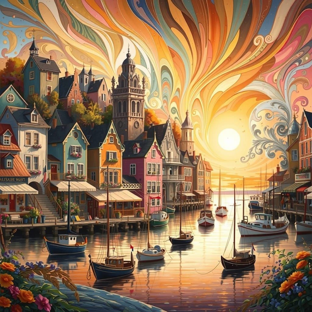 Idyllic Sunset Harbor Scene in Whimsical Style