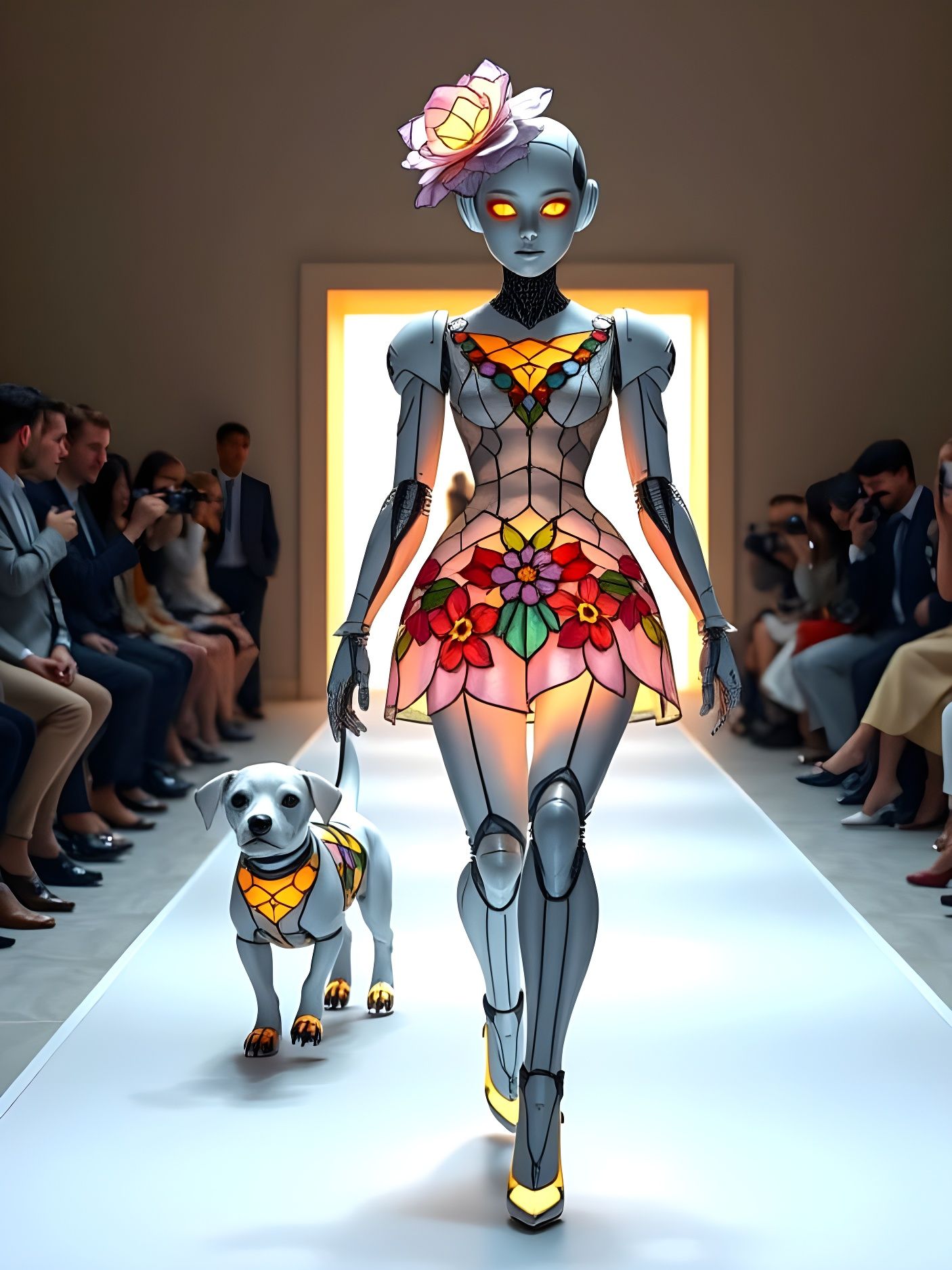Sleek Robot Fashion Model Struts Catwalk in Vibrant Stained ...
