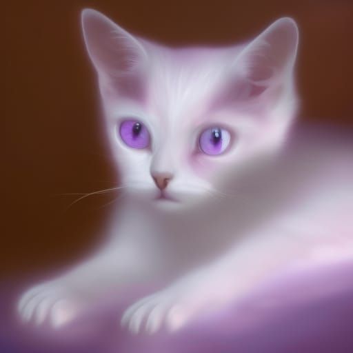 White cat with adorable face& lovable eyes& purple background& ethereal vibes