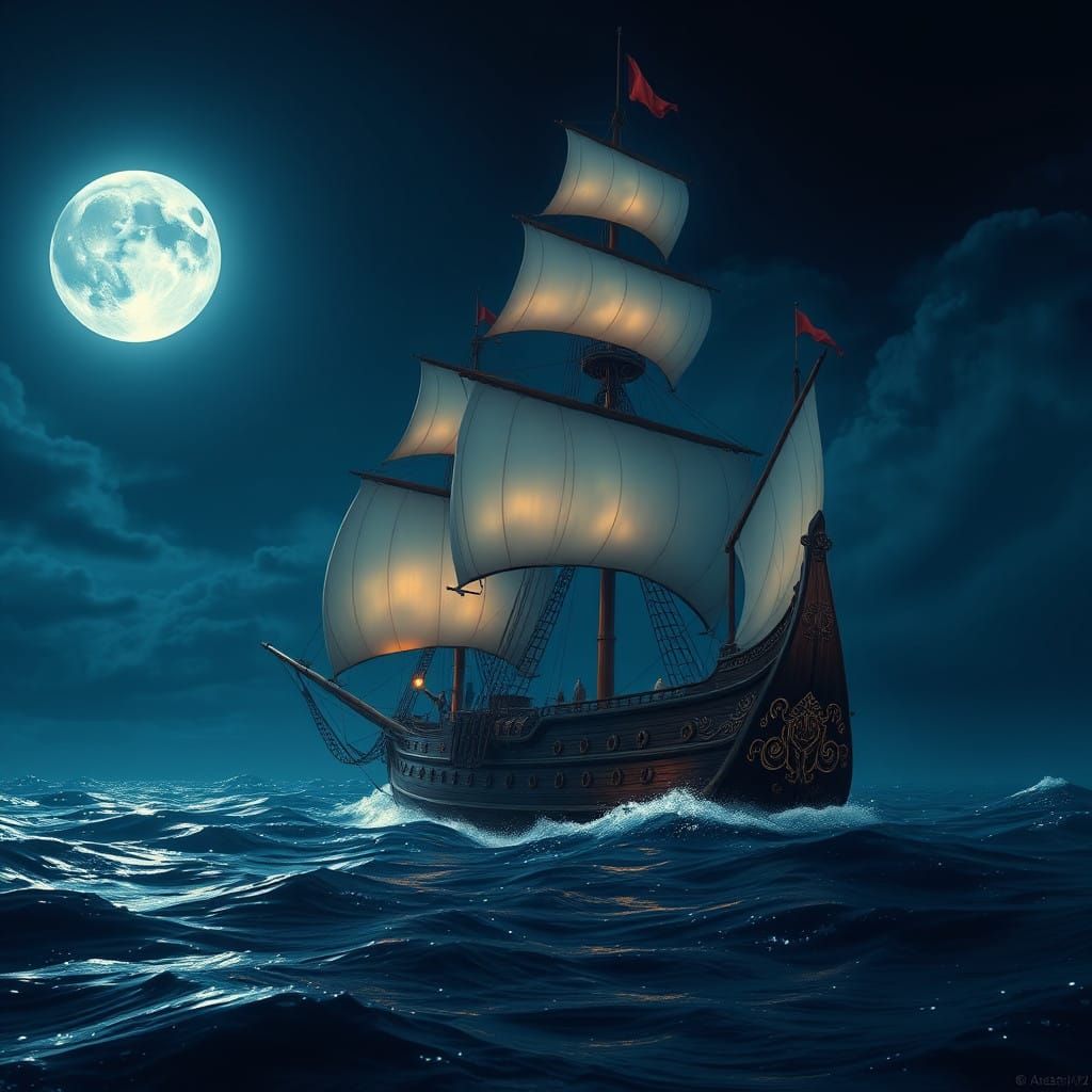 Majestic Sailing Ship Illuminated by Full Moon
