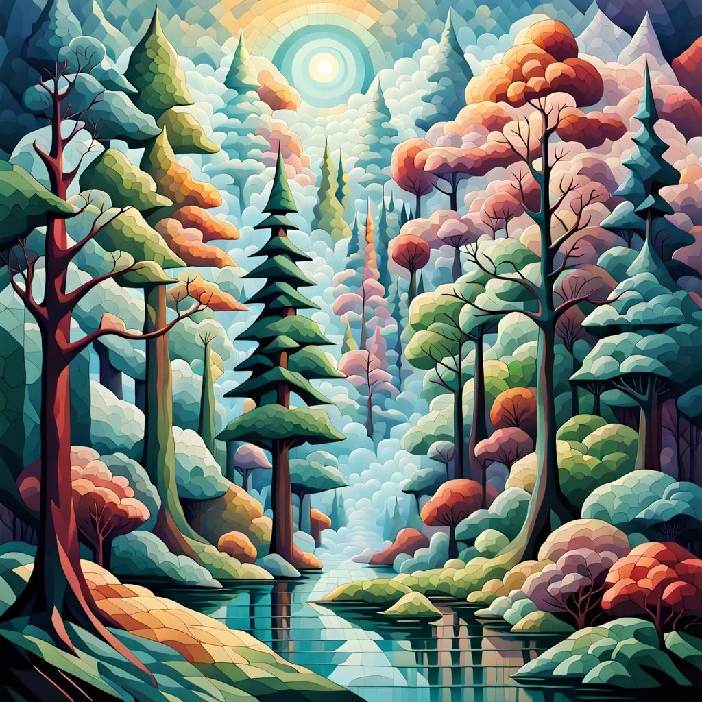 Surreal Geometric Landscape with Fake Plastic Trees