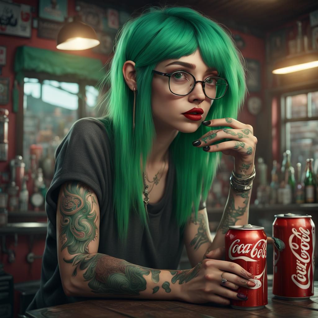 Green-Haired Girl in Tattoo Shop: Detailed Matte Painting