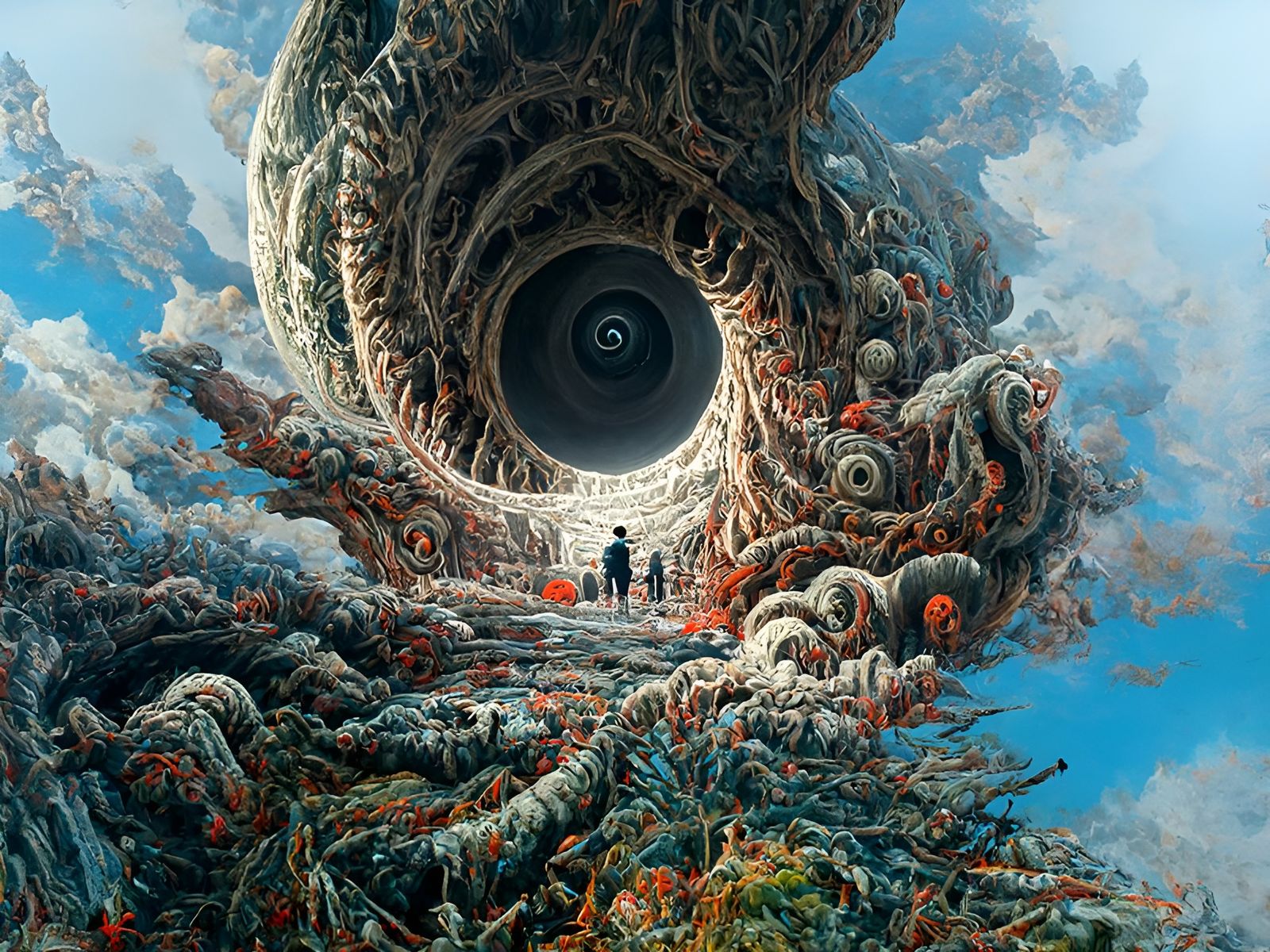 Spiraling World of Enigmatic Horrors: A Surreal Painting