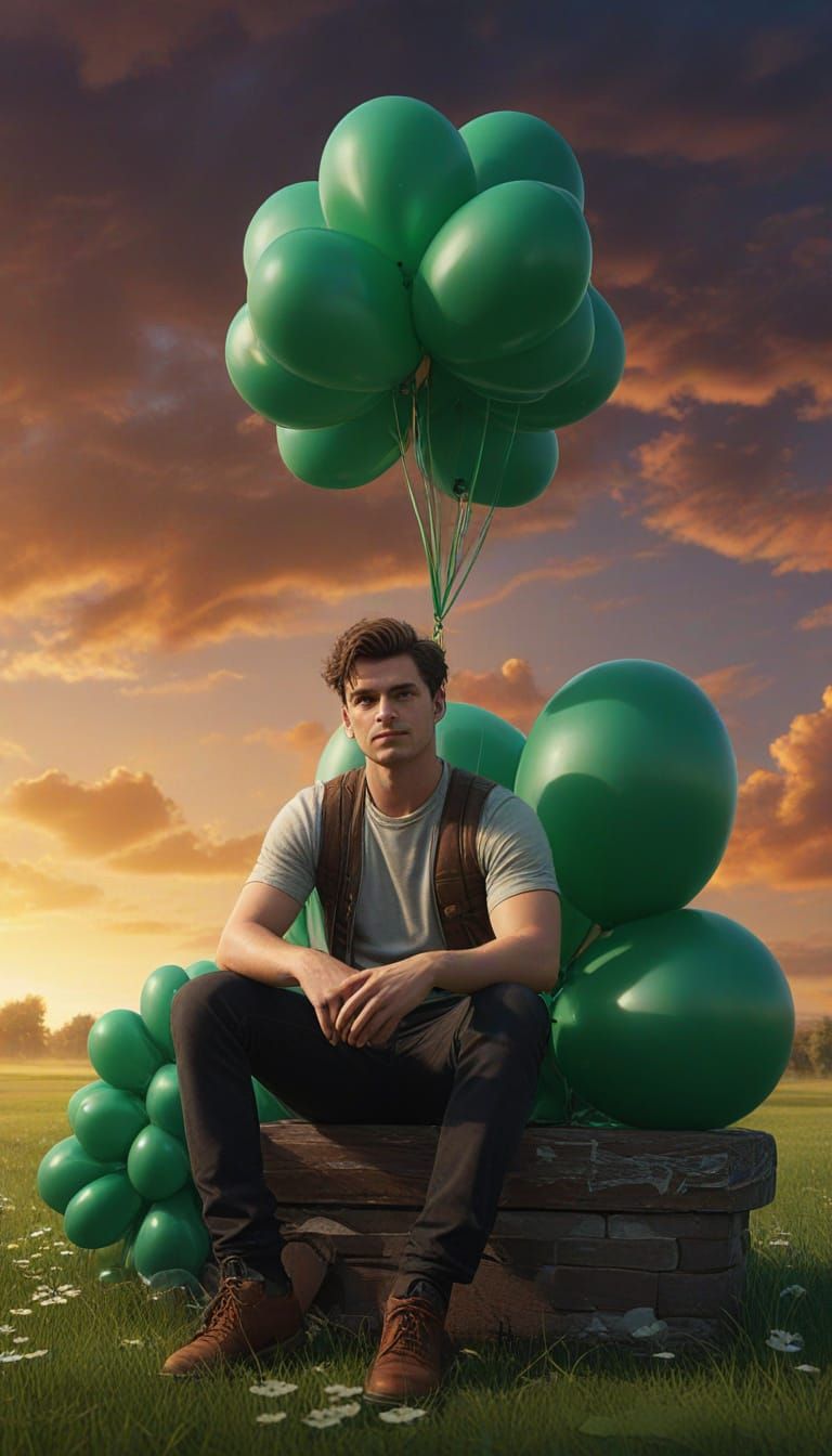 Young Irish Man Sits on a Giant Green Clover Balloon