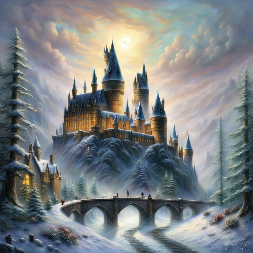 Hogwarts Winter Scene in Ethereal Fantasy Style