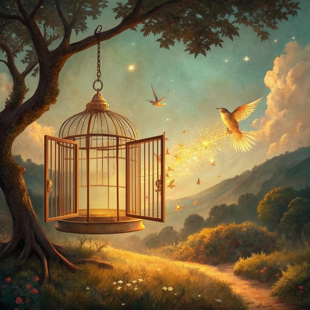 Golden Cage Opens Releasing Glowing Sparrows in Dreamlike Fo...