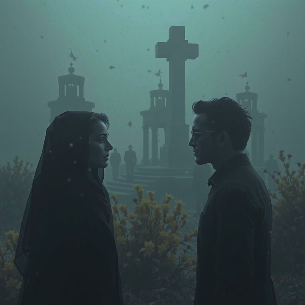 Ethereal Strangers in Misty Autumn Landscape