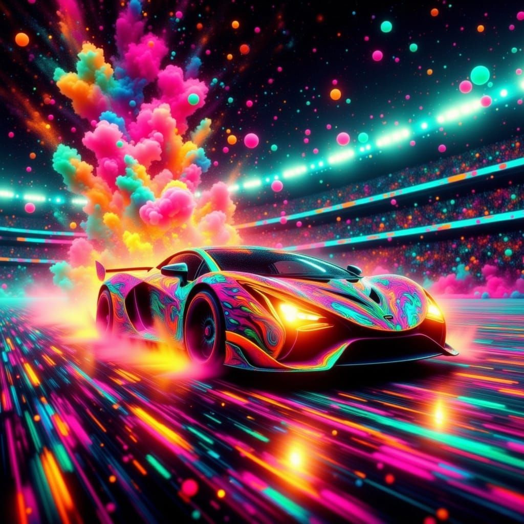 Neon Supercar Drives Over Alien Stadium Pyramid