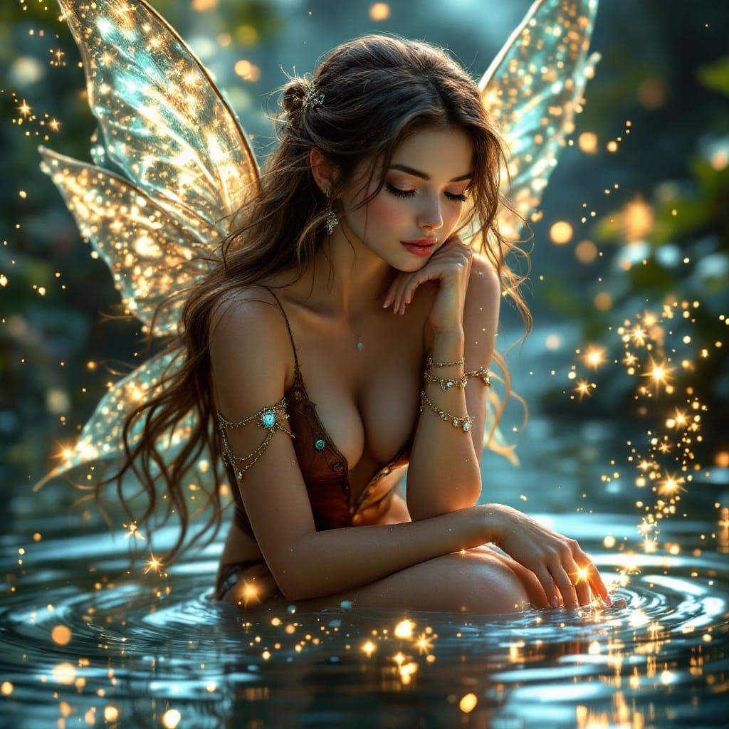 Ethereal Fairy Descends Gently on Dewdrop in Shimmering Armo...