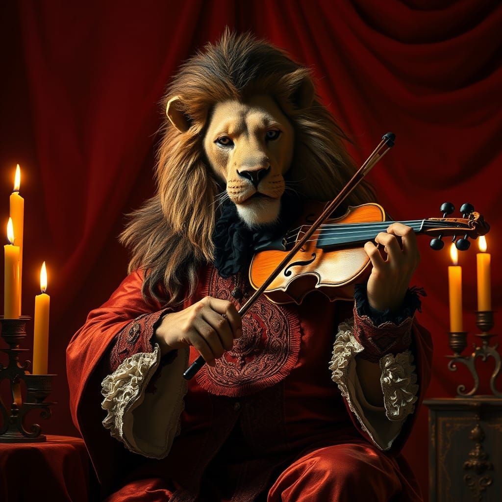 Baroque Lion Violinist in a Dreamlike State