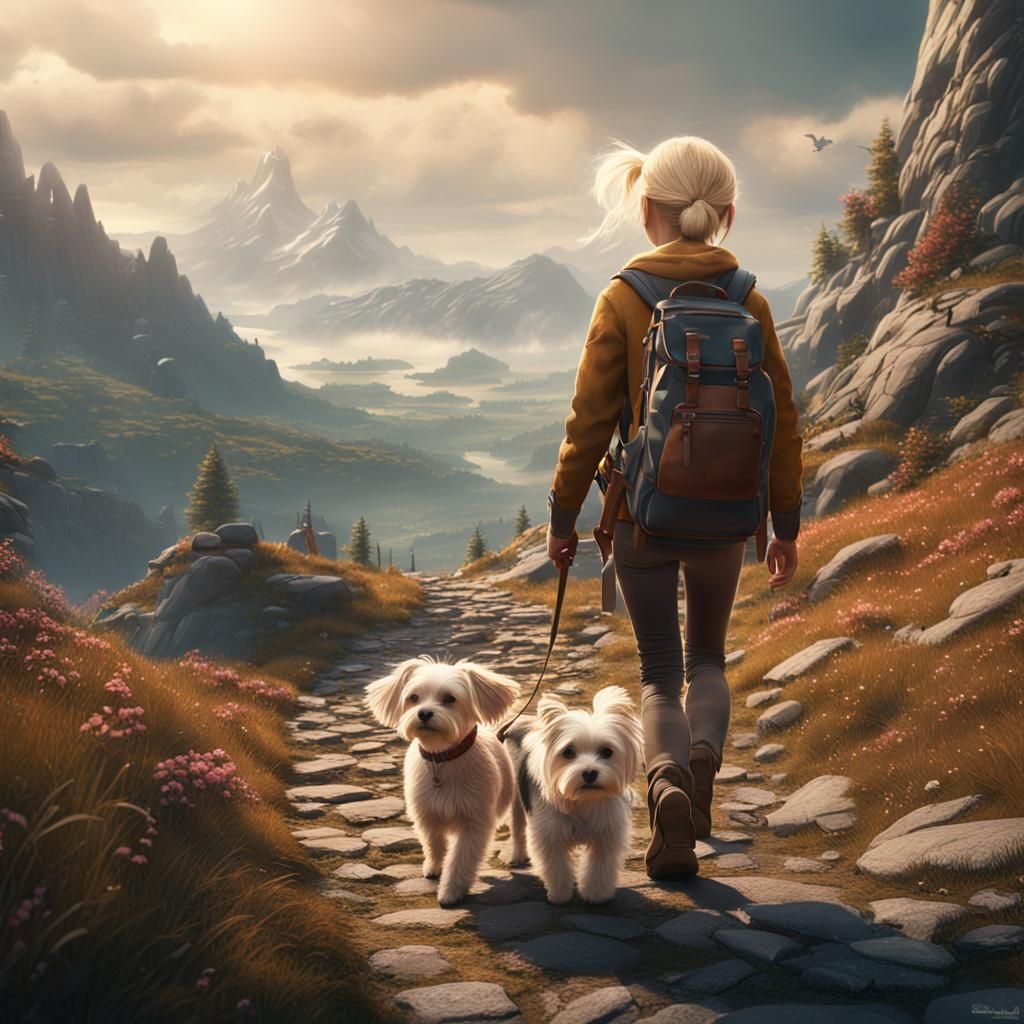 Girl and Dog Hiking: Fantasy Concept Art
