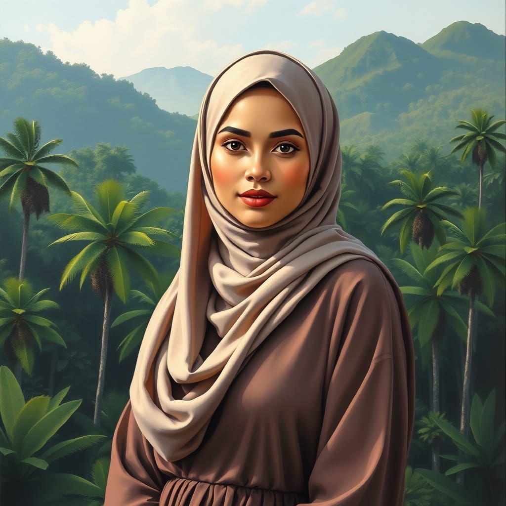 Beautiful Hijabi Woman in Subtropical Forest, Oil Painting