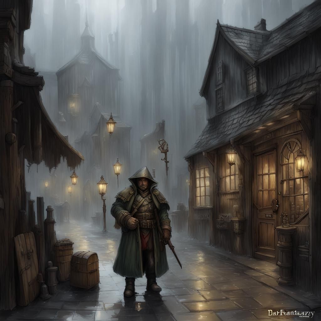 Dark Fantasy Wooden Shop in Rain and Fog