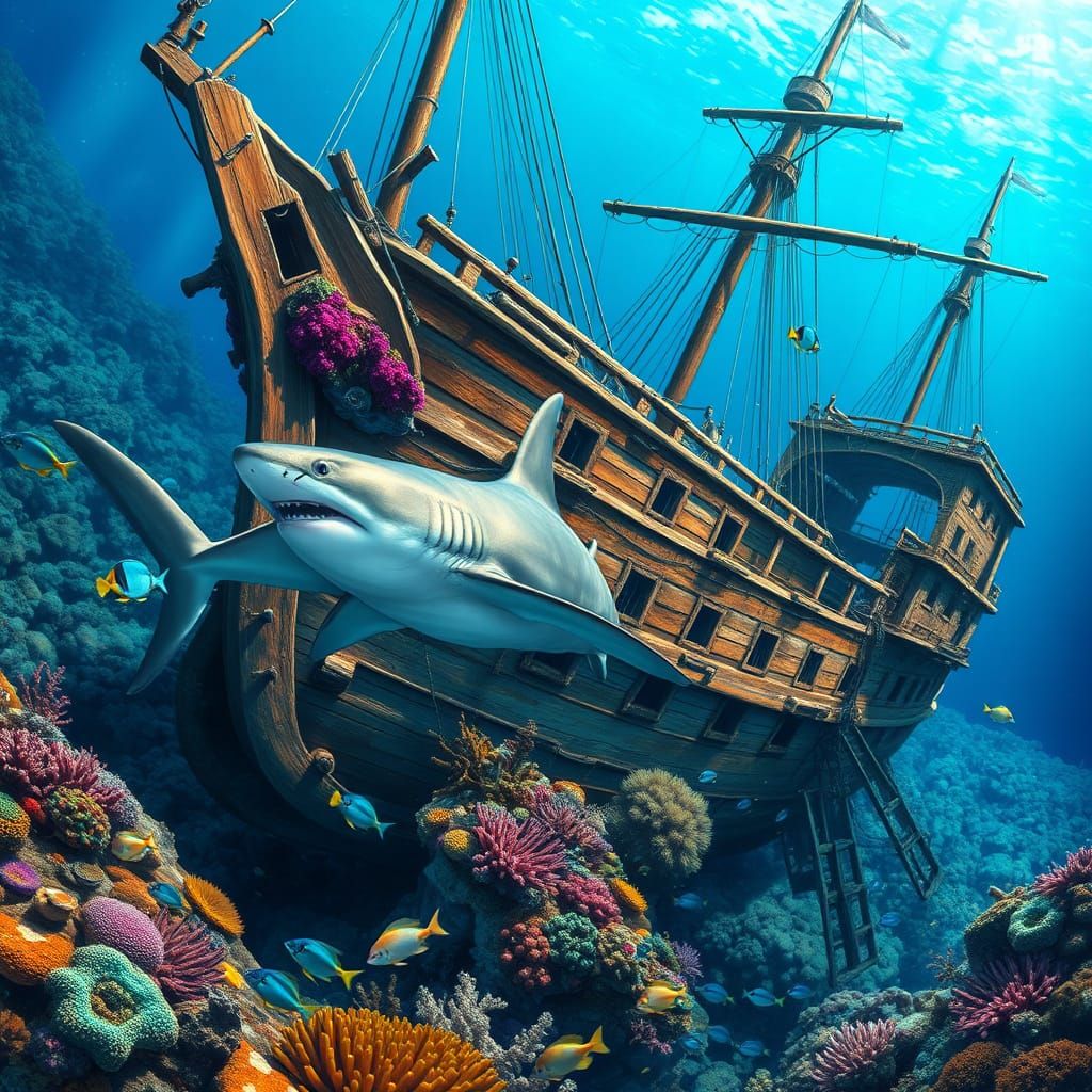 Sleek Shark Glides Through Sunken Shipwreck