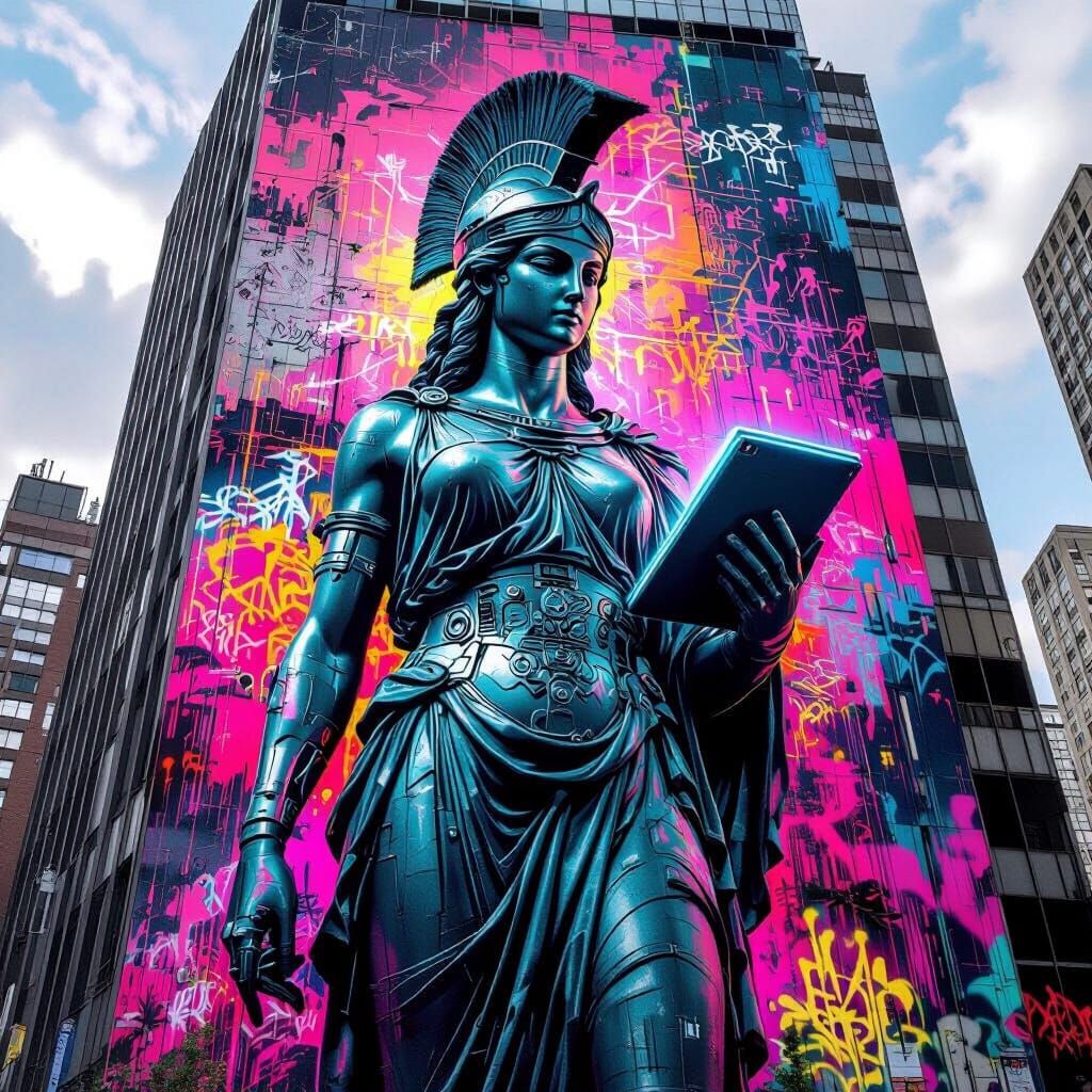 Athena Mural on Skyscraper in Cyberpunk Style