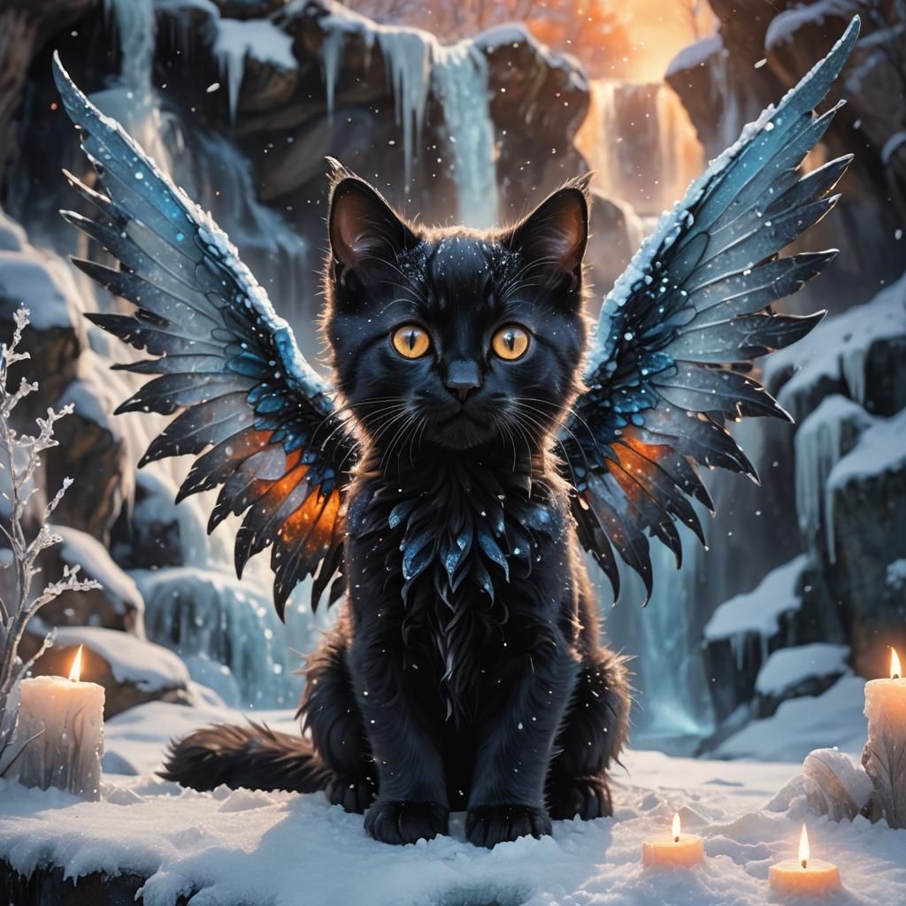Frosty Winged Kitten in Iced Winter Landscape