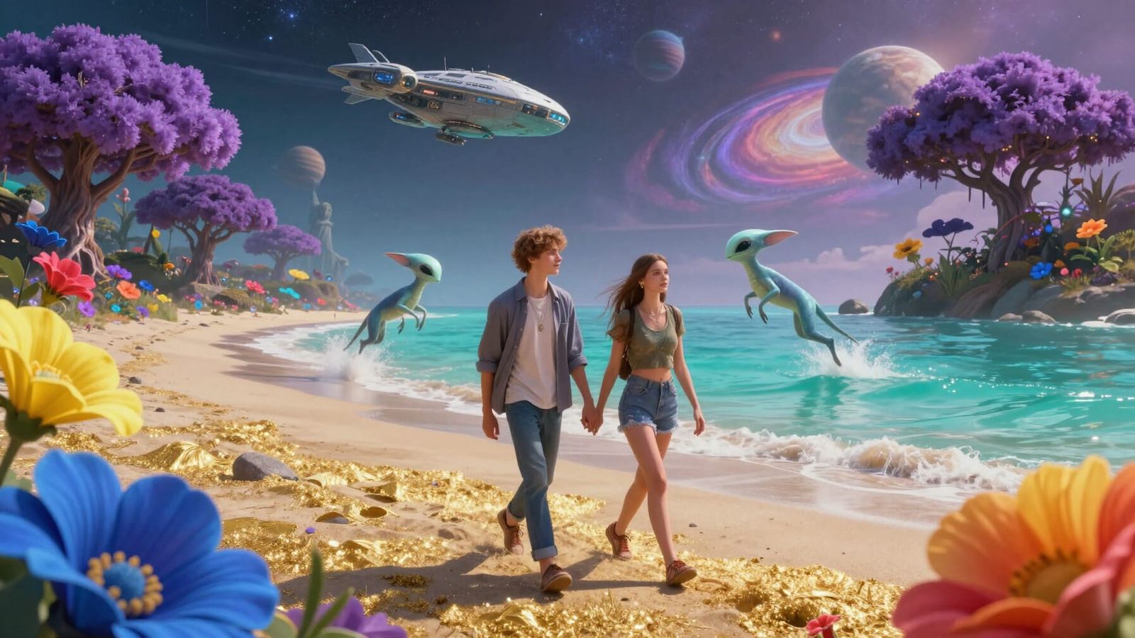 Couple on Alien Beach with Neon Ocean and Spacecraft