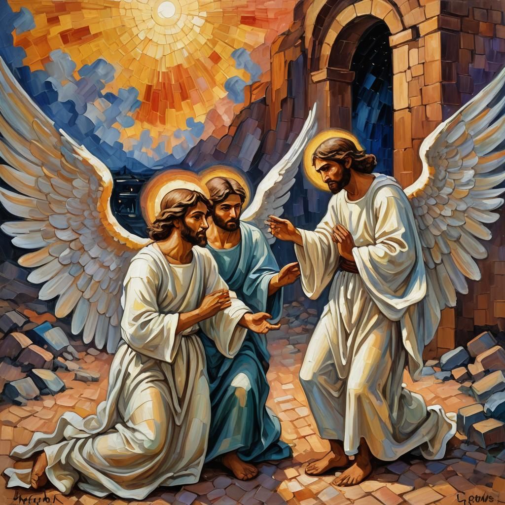 Lot Greets Angels at Sodom: Neo-Impressionist Oil Painting