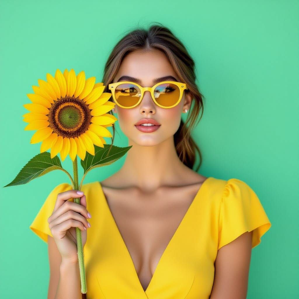 Woman with Sunflower in 1960s Fashion Style