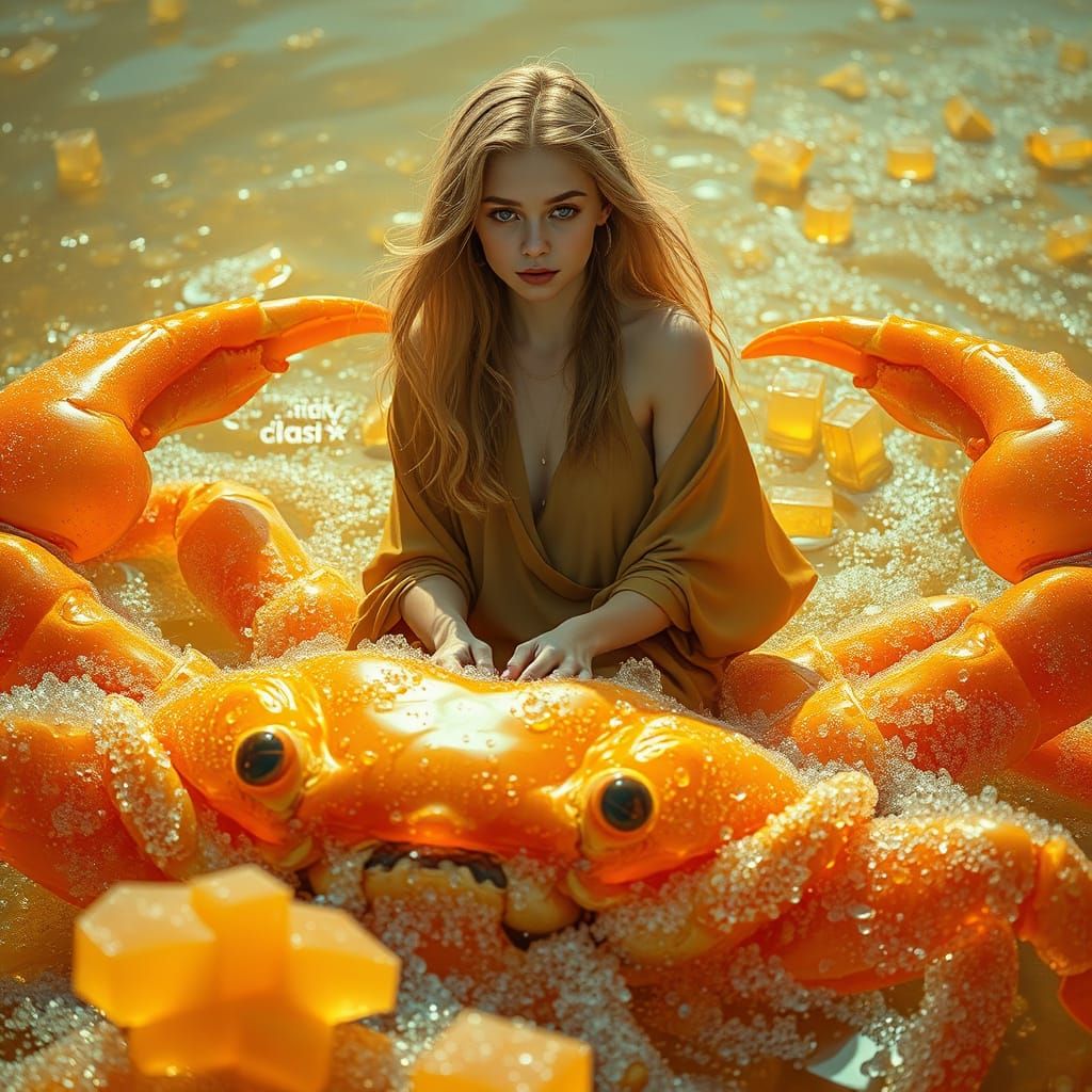 Dreamlike Woman on Gummy Crab with Soda Sea
