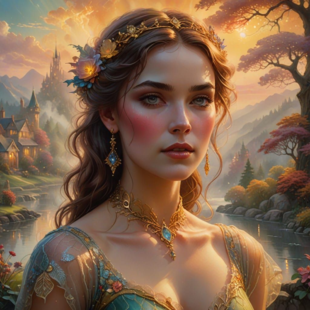 Ethereal Woman's Face Merges with Dreamy Landscape