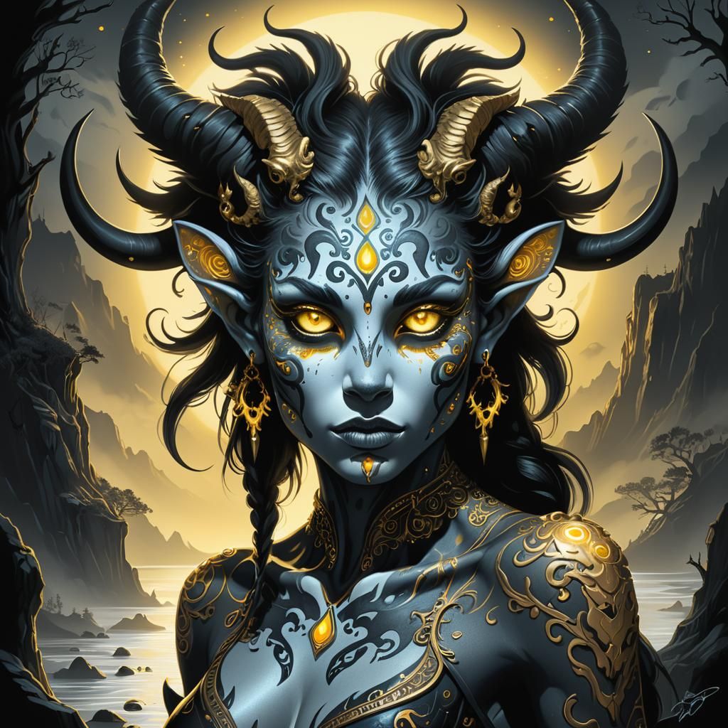 Bioluminescent Shadow Satyr in Ominous Fantasy Landscape