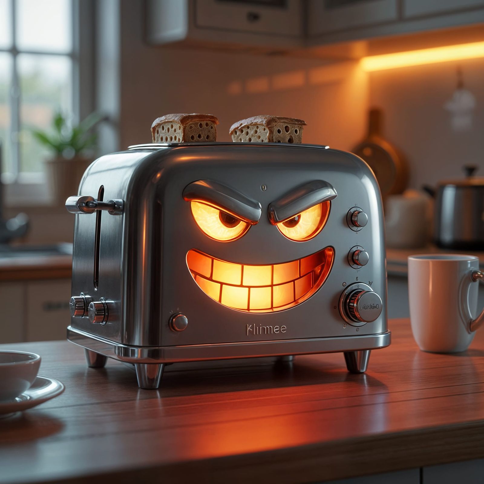 Sentient AI Toaster with Mischievous Face in Magical Kitchen