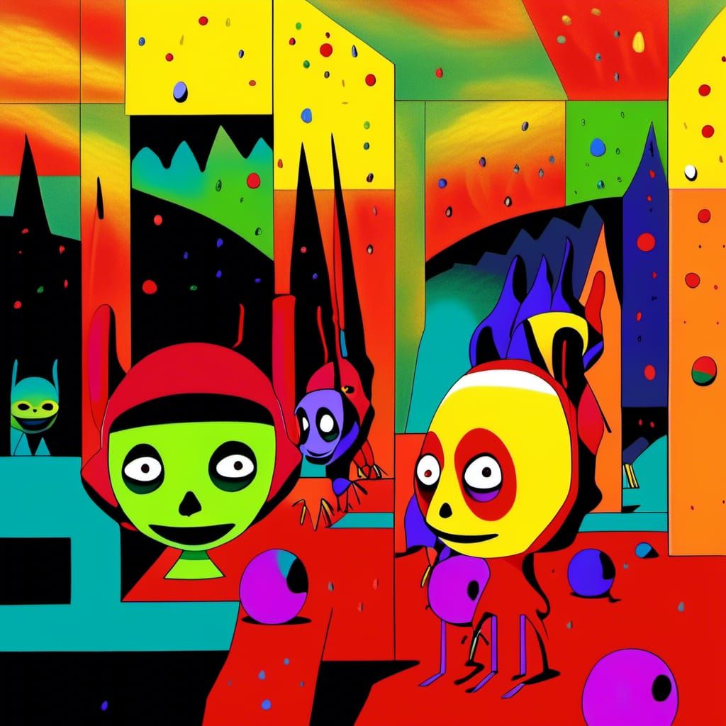 Alien Cartoon Characters in Surreal Oil Painting Style