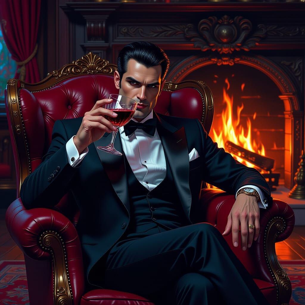 Vampire Gentleman Sipping Blood by Firelight
