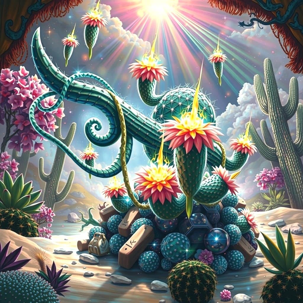 Cosmic Cacti Warrior Radiates Rainbow Light in Dreamlike Des...