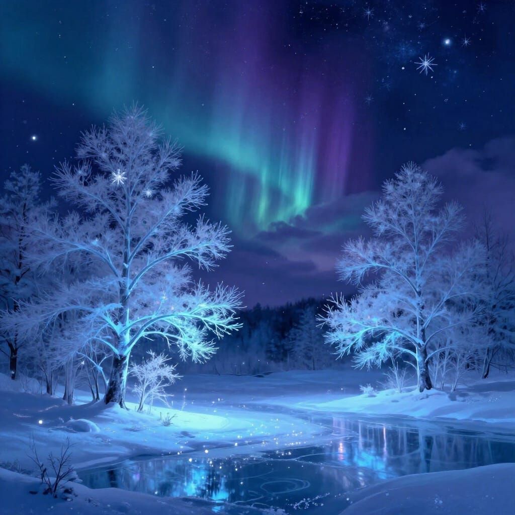 Surreal Midnight Blue Winter Dreamscape with Ethereal Glow