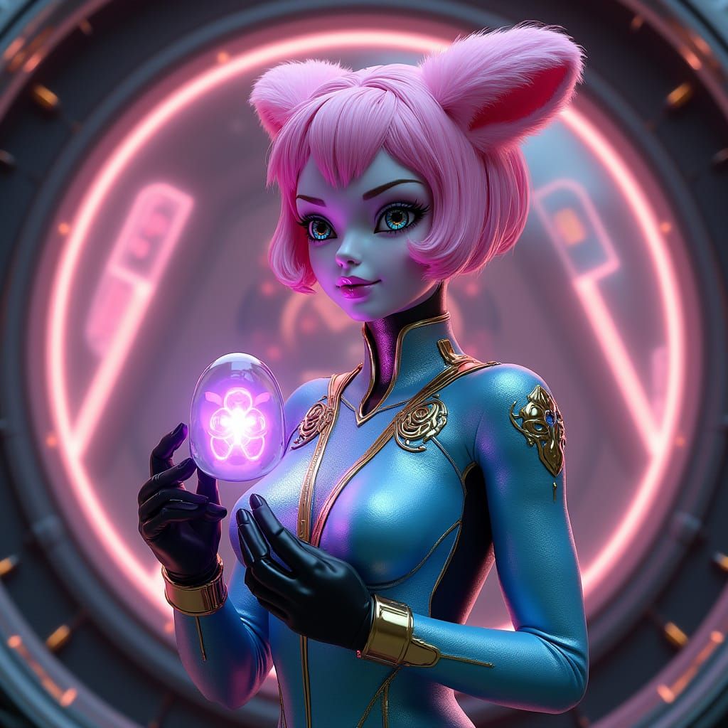 Retrofuturistic Pink Haired Alien Woman in 3D Anime Art