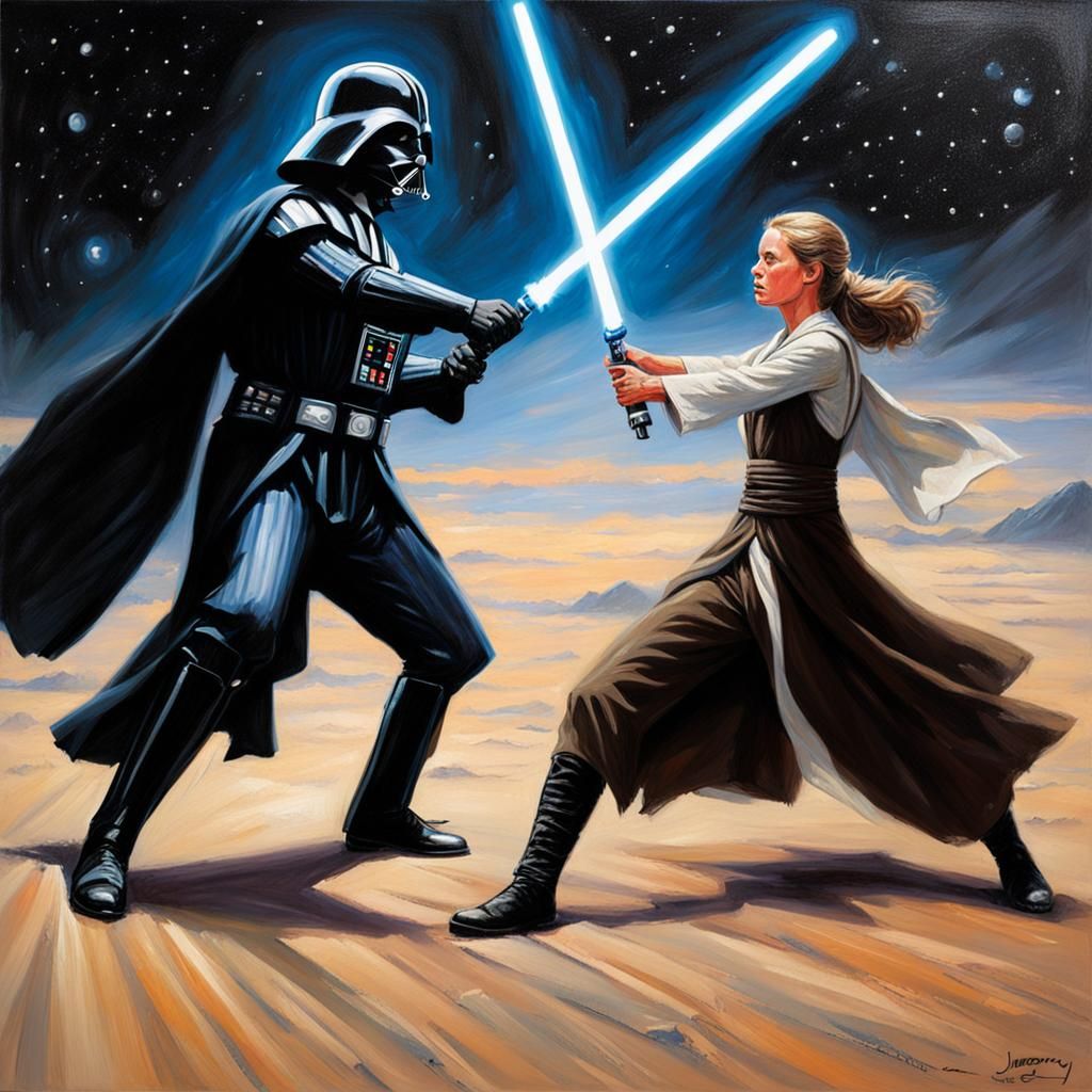 Female Jedi vs Darth Vader in Oil Painting