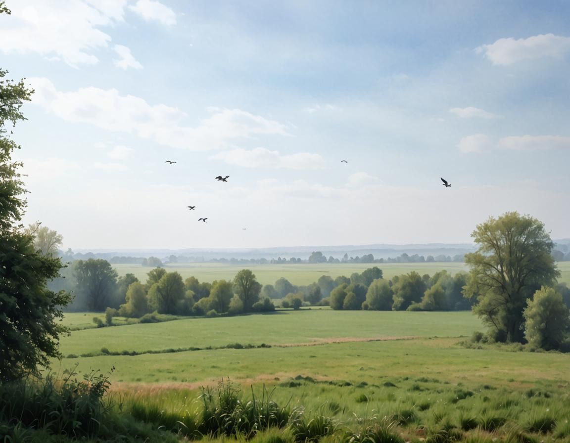 Stork Flies Over Foggy Fields: Watercolor Landscape