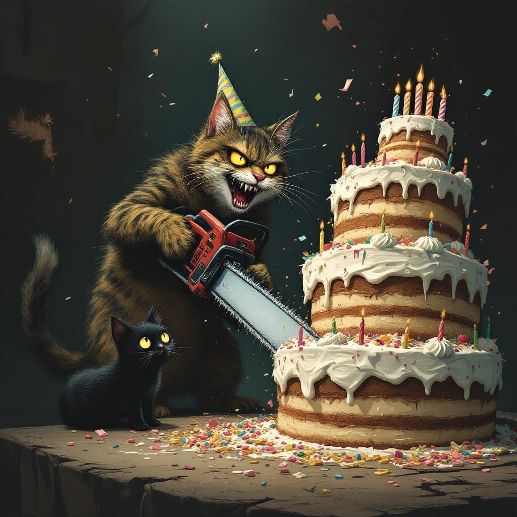 Gothic Cat Birthday Mayhem in Dark Illustrative Style