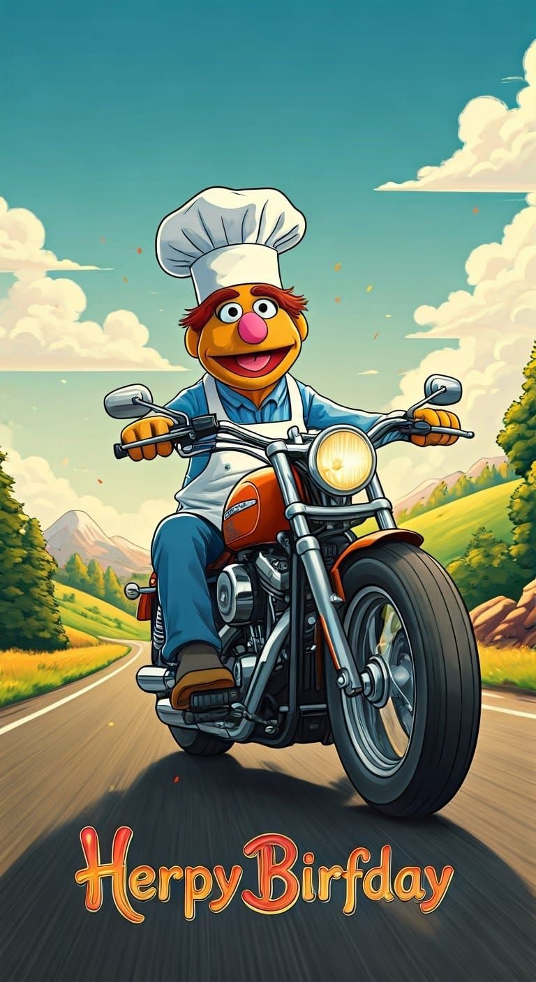 Whimsical Muppet Chef Rides Harley Down Sunny Road