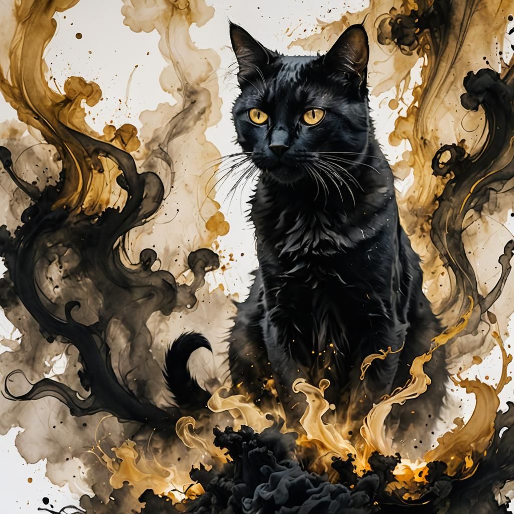Mystical Black Smoke Cat in Techno-Shamanic Style