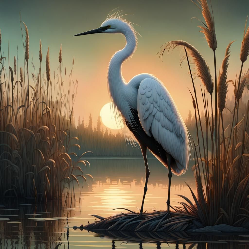 Egret on Reed Lake: Concept Art Illustration