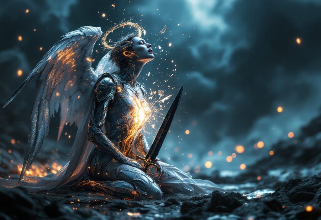 Despairing Angel with Obsidian Dagger, Metallic Armor