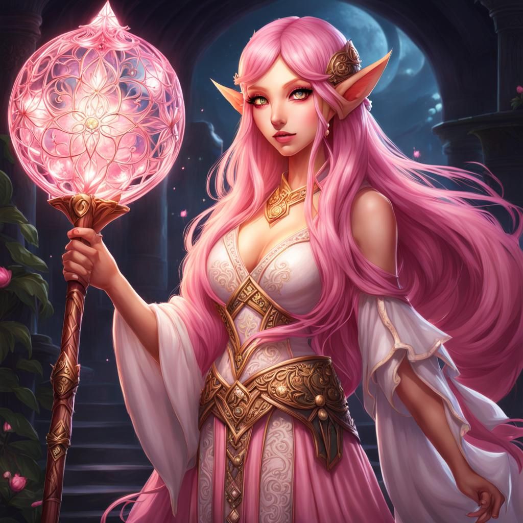 Elf Woman with Pink Hair and Magic Staff