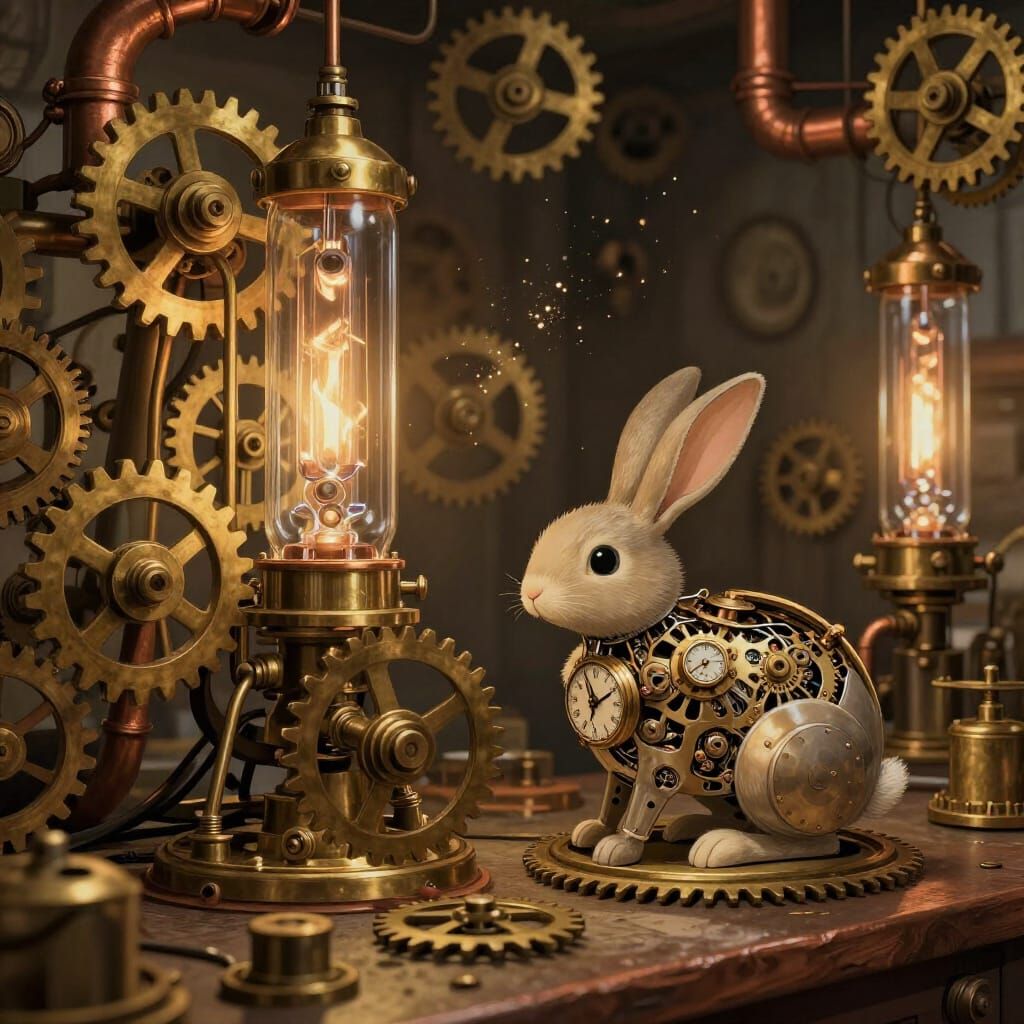 Steampunk Inventor's Workshop with Mechanical Rabbit
