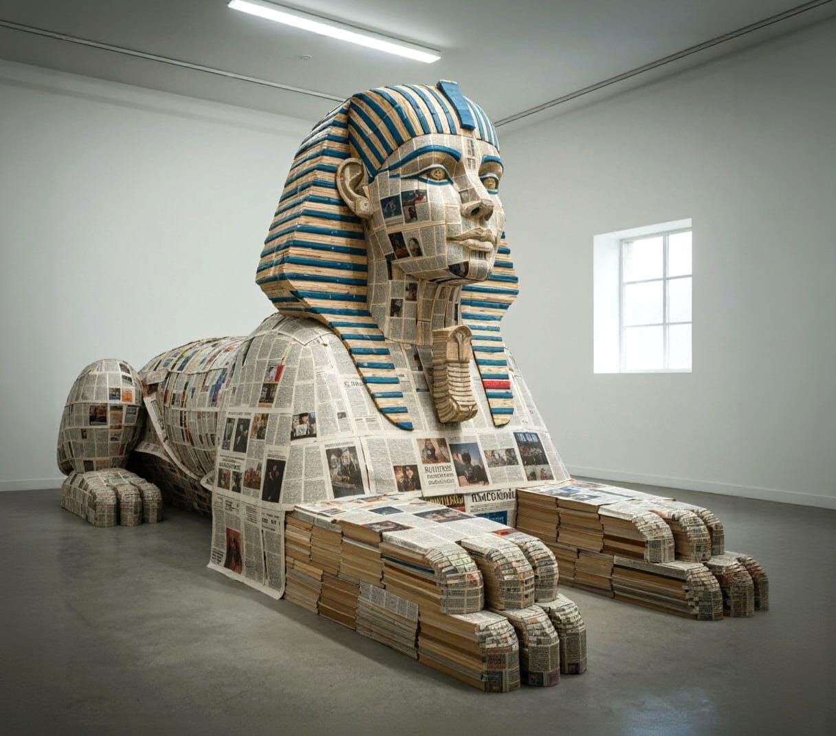 Paper Sphinx Constructed From Books and Newspapers