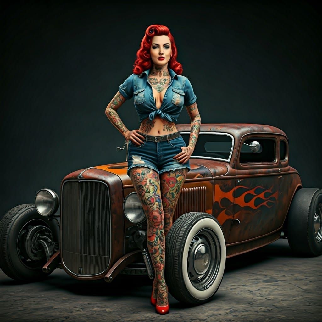 Rockabilly Goddess in Distressed Denim and Tattoos, Leaning...