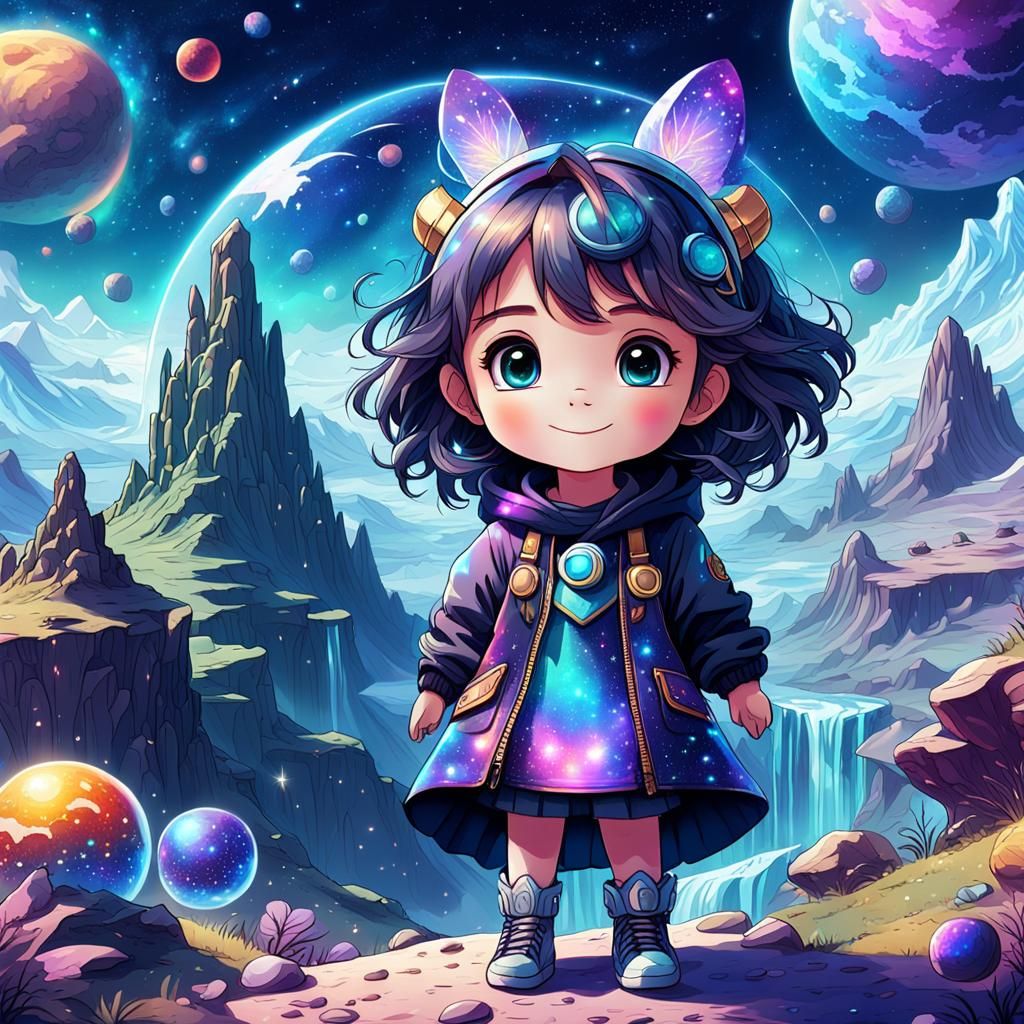 Cosmic Chibi Character with Holographic Astral Illustration
