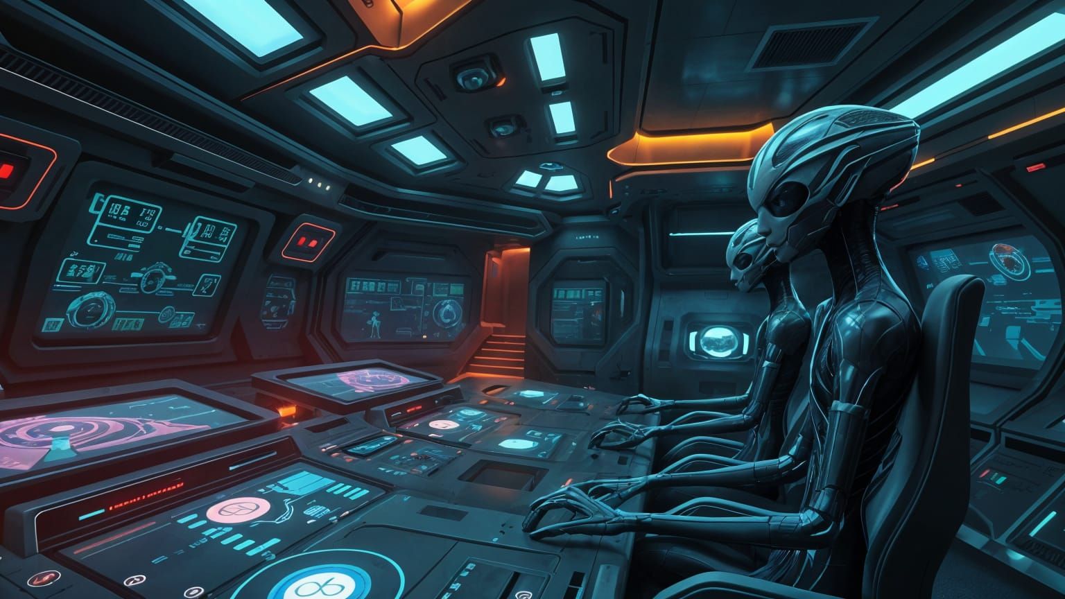 a view in a room inside extraterrestrial spaceship command c...