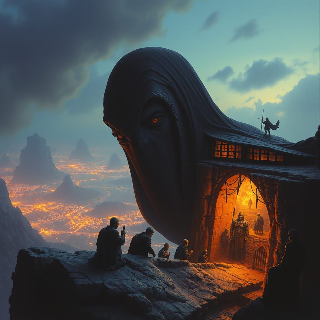 Cyclops Giant Observes Crowd in Dark Fantasy Style