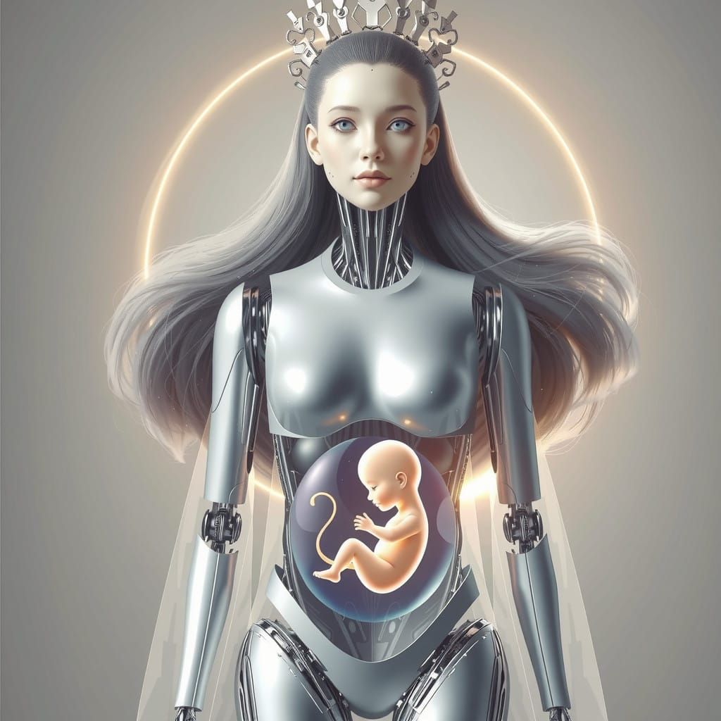 Futuristic Robot Mother on Seaside Shore