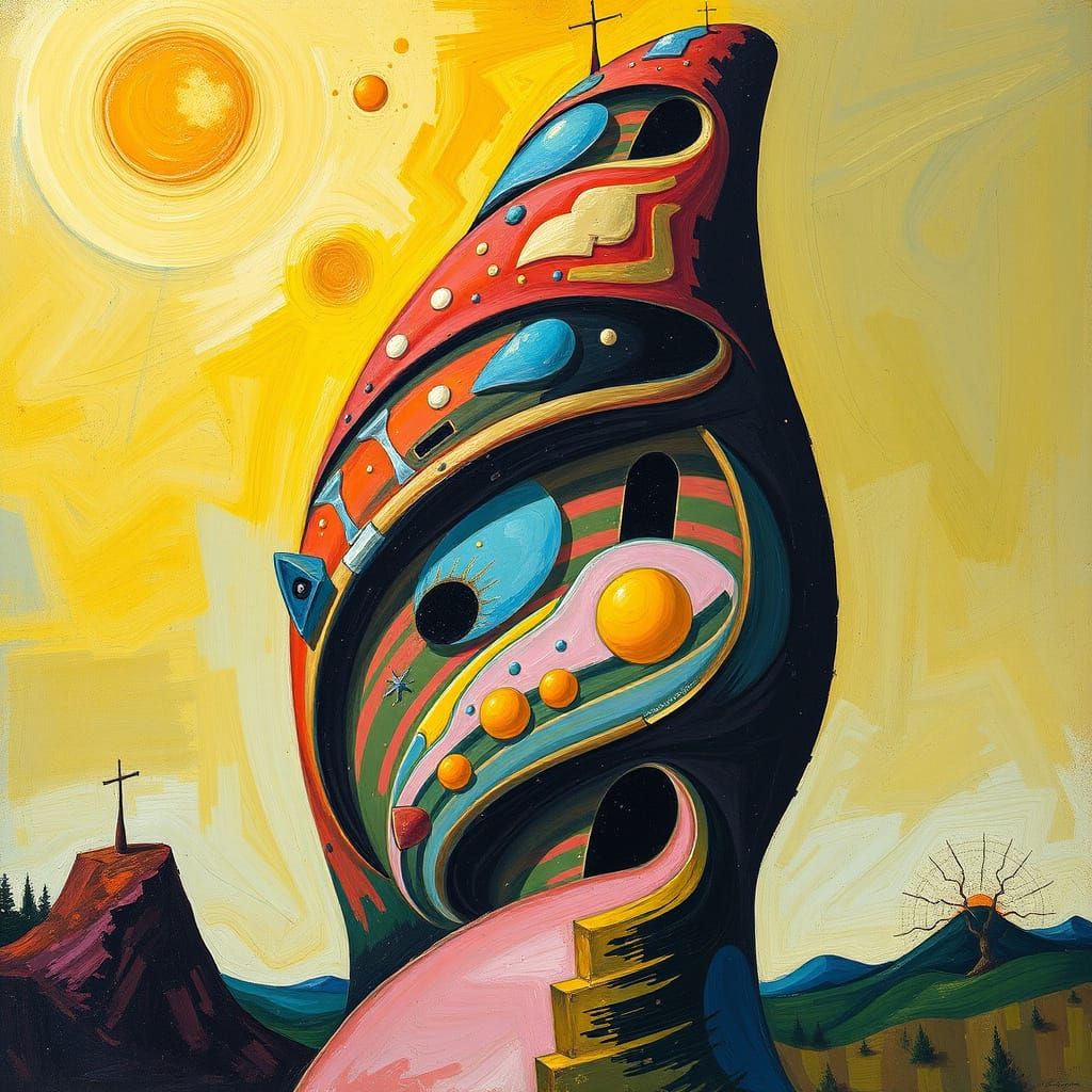 Dreamlike Tower in Vibrant Primitivist Style